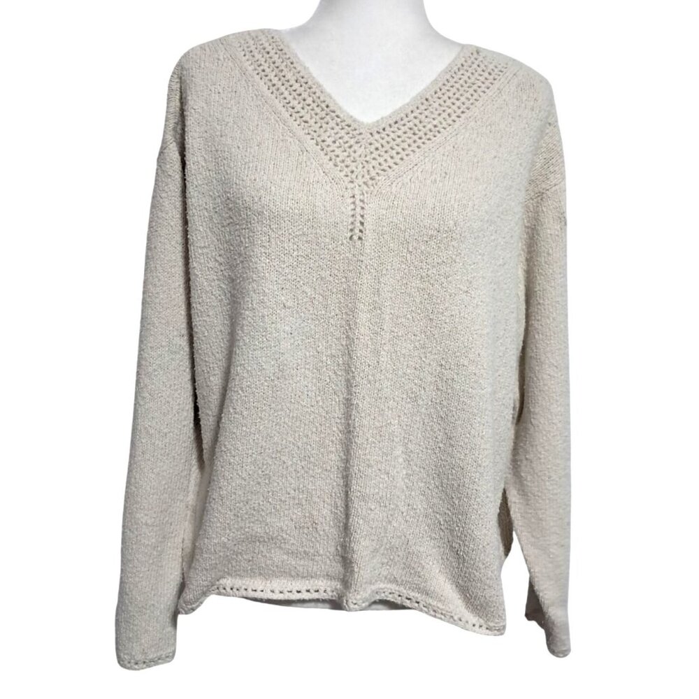 Orvis Womens XL Beige‎ Chenille V-Neck Pointelle Knit Pullover Sweater Cozy